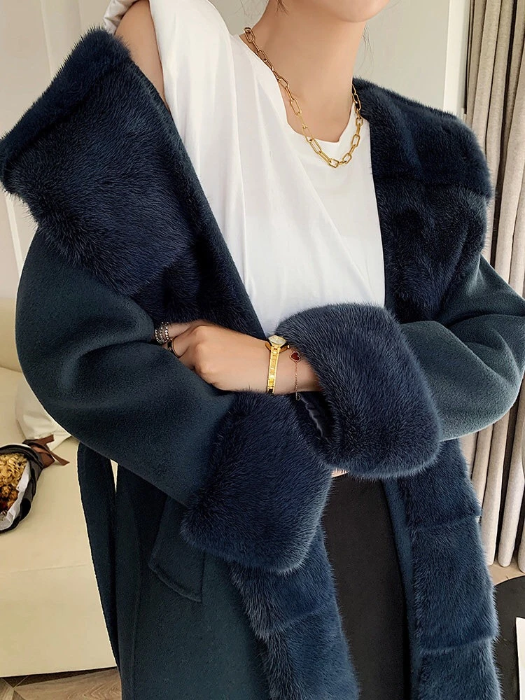 Hot Sell Mink Collar Women Long Coat Winter Fashionable Sheep Fur Lined Coat