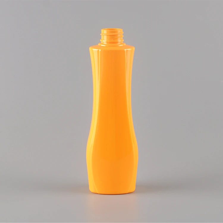 Hot Selling 300ml yellow shaped plastic shampoo bottles with pump red baby body wash bottle