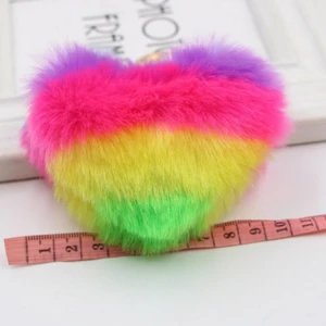 Hot Selling Bag Jewelry Rainbow Color Faux Rabbit Fur Heart Shape Fluffy Pompom Heart Keychains