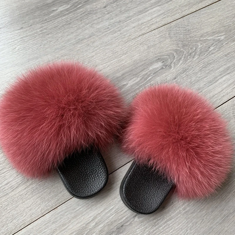 Hot Selling Colorful Rainbow toddlers Fox Fur Slides For Women And Kids Raccoon Fur Slippers Mommy And Me Fur Slides