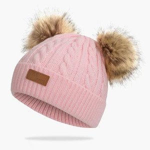 Infant Toddler Baby Knitting Woolen Hat Warm Winter Pure Color Double Pom Pom Boys Girls Beanie Cap Kids Winter Hats