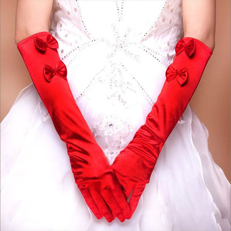 lace for bride glove mid-length satin gloves for wedding dress with finger double bow and beaded bridal gloves wedding
