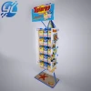 Low cost cheap food metal wire floor display stand with grid panel hanging hooks items