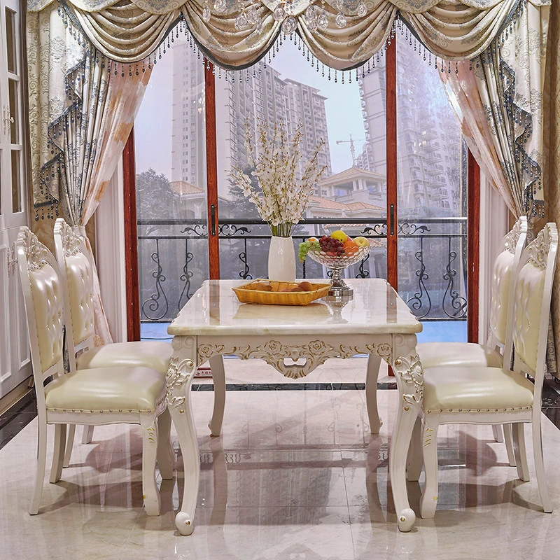 Luxury White Lacquer Silver Gold Stroke Antique French Provincial Dining Room Furniture Marble Wooden Top Table and Chairs Set