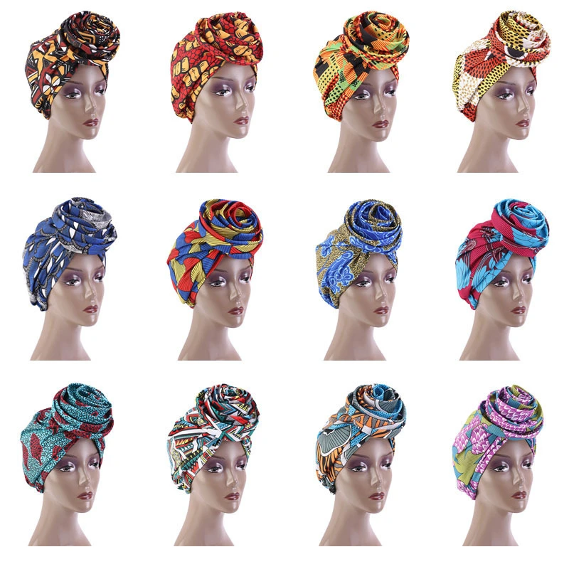 lyc-3955 New Design Africa Printing Satin Lined Head Wrap Hat Big Flower Muslim Cap Turban muslim  hijab