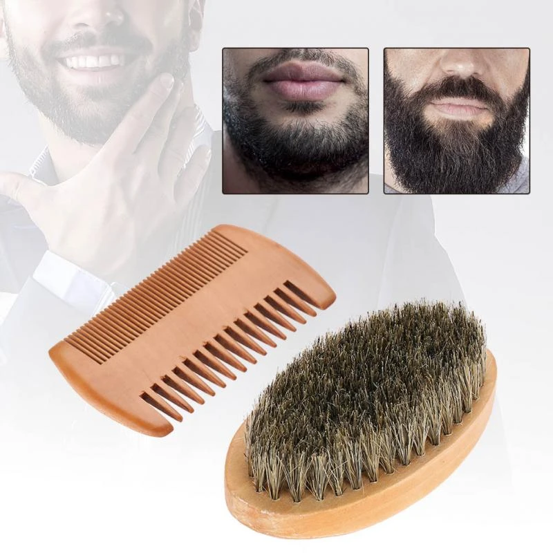 Men Beard Mustache Oval Brush + Comb Facial Beard Shaving Cleaning Grooming Shaving Brush Kit Male Facial Hair Brush Set Wood