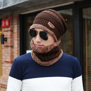 Neck warmer knitted hat scarf set fur Wool Lining Thick Warm Knit beanies balaclava Winter Hat For men women Cap