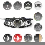 New Aviation Pattern Bracelet Black Weave Leather Bracelet Retro Punk Jewelry Glass Cabochon Dome Pendant Men Women Bracelet