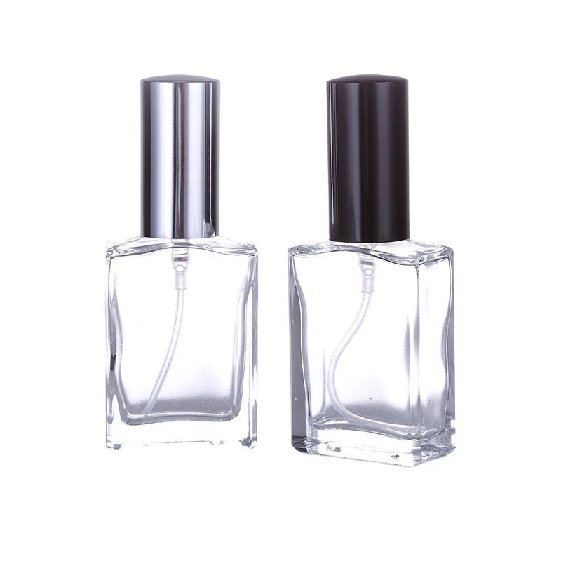 New Design 30ml Clear Rectangle Glass Perfume Spray Bottle with Aluminum Mist Sprayer