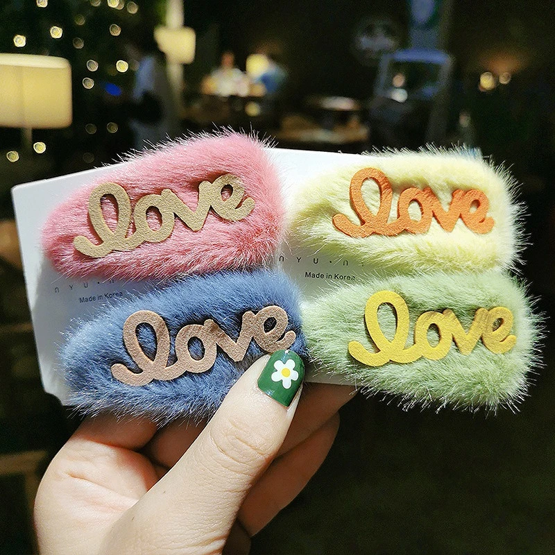 New Letter Love Colorful Soft Faux Fur Waterdrop Shape Hairpins Sweet Hair Clips Headband Barrettes Fashion Hair Accessories
