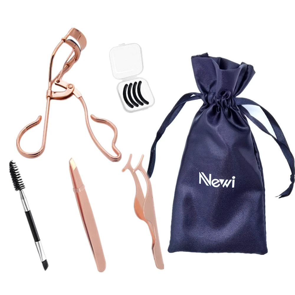 NEWI Rose gold 6 in 1 Eyelash Extension Tweezers Eyebrow Clip Eyelash Curler Kit with Refill Pads Silk Storage Bag