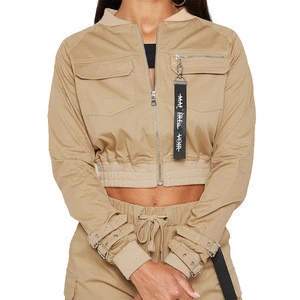 OEM Women Streetwear Buckle Cuff Cargo Cropped Bomber Jacket