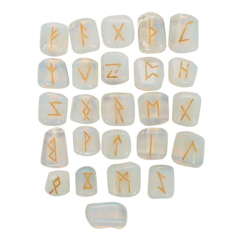 Opalite Rune Stone Set Spiritual Reiki Healing Hand Engraved Crystal and Agate Stones