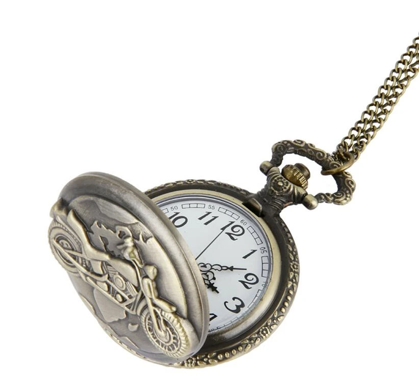 Quartz Bronze Skull Silver Vintage Clock Necklace Chain Pendant Motorcycle pocket watches