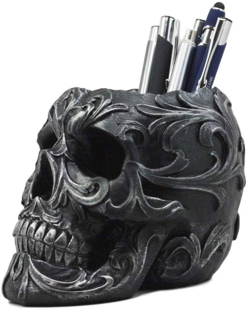 Resin Skull Pen Holder Figurine 5.75&quot;L Office Desktop Ossuary Statues Decor Cranium Skeleton Head Stationery Holder