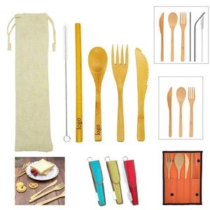 Reusable Bamboo Spoon Fork Knife Utensils Set with Drawstring Bag