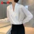Import Silk Satin Blouses Women Tops Korean Fashion Long Sleeve Button Up Shirt Clothes Office Lady Solid V-Neck from China
