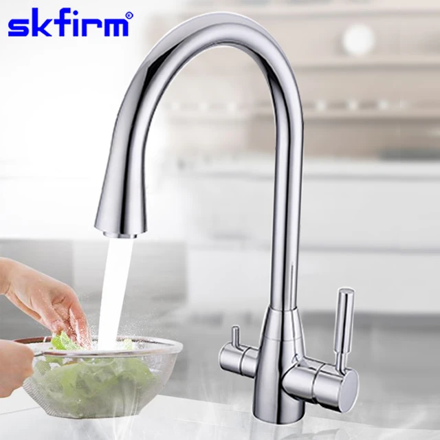 SKfirm  Deck Mounted 360 Degree Rotating Dual Handle Chrome Brass Luxury Kitchen Faucet Sink Faucet