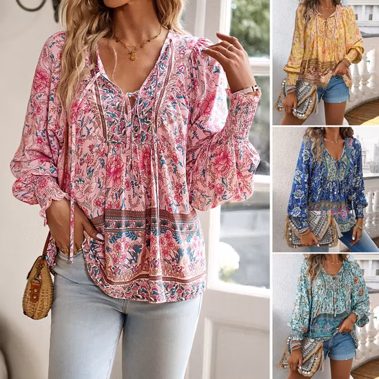 Import 2025 European and American Womens Blouse Temperament V-Neck Long Sleeved Top from China