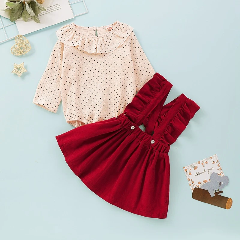 Spring Autumn Baby Girl Polka Dot Doll Collar Bodysuit +Suspender Ruffle Skirt 2pcs Toddler Outfit Green Red Baby Clothing Set