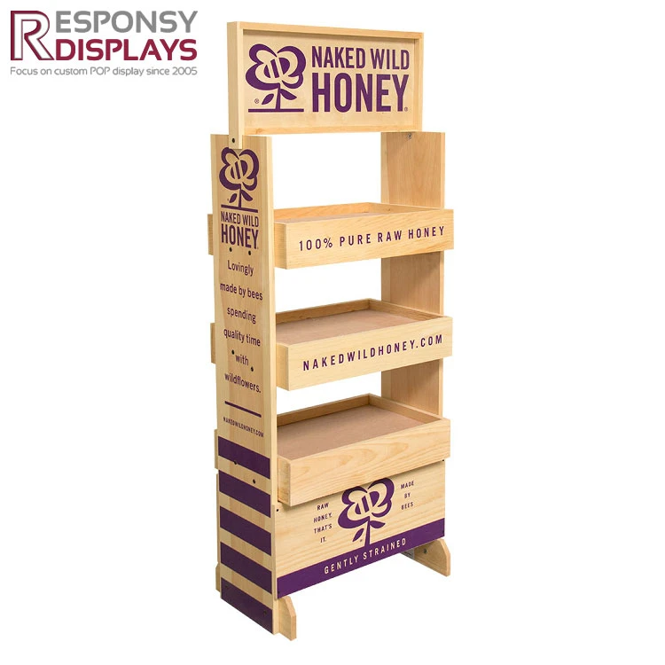 Square Tubes Retail Store Wood Floor Storage Cabinet Honey Display Stand