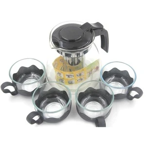 Stainless Steel Infuser &amp; Lid Blooming &amp; Loose Leaf Glass Teapot with 4 Tea Cup