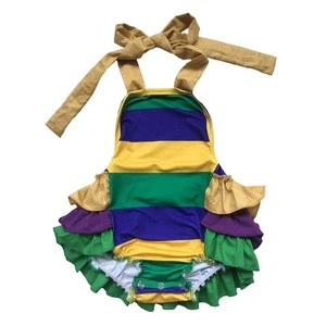 Stylish little girl sleeveless backless ruffle baby romper with stripes in green/purple/yellow colors for Mardi Gras Holiday