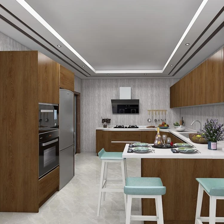 Teak wood flat color modern kitchen cabinet