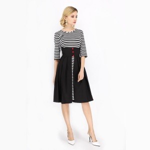 Three-quarter Sleeves O-neck Black Striped Buttoned Below knee Wholesale Clothing For Women Casual Dresses