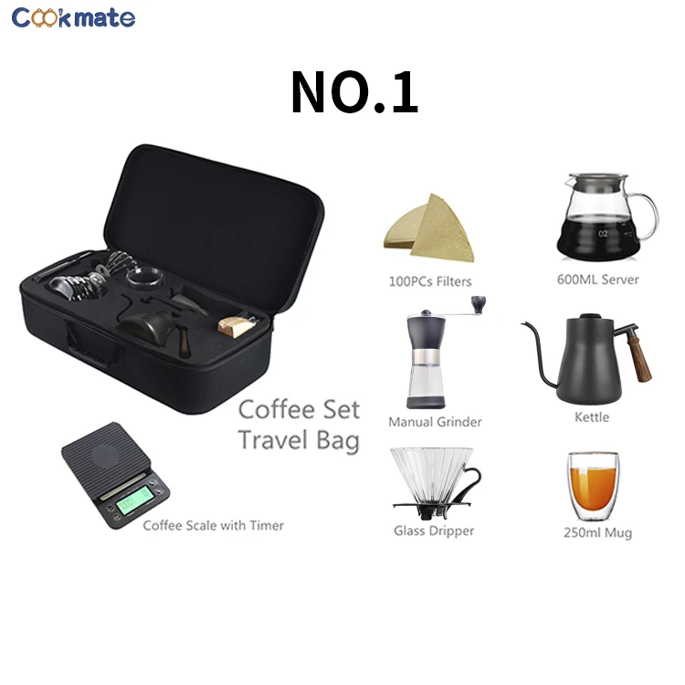 V60 low price new design camping coffee travel bag drip set pour over portable coffee set with kettle filter glass cup tea set