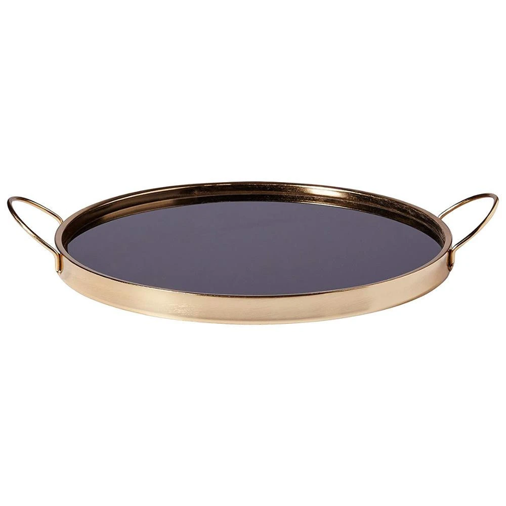 Wholesale gold and black color custom serving tray, metal material decorative round restaurant serving tray