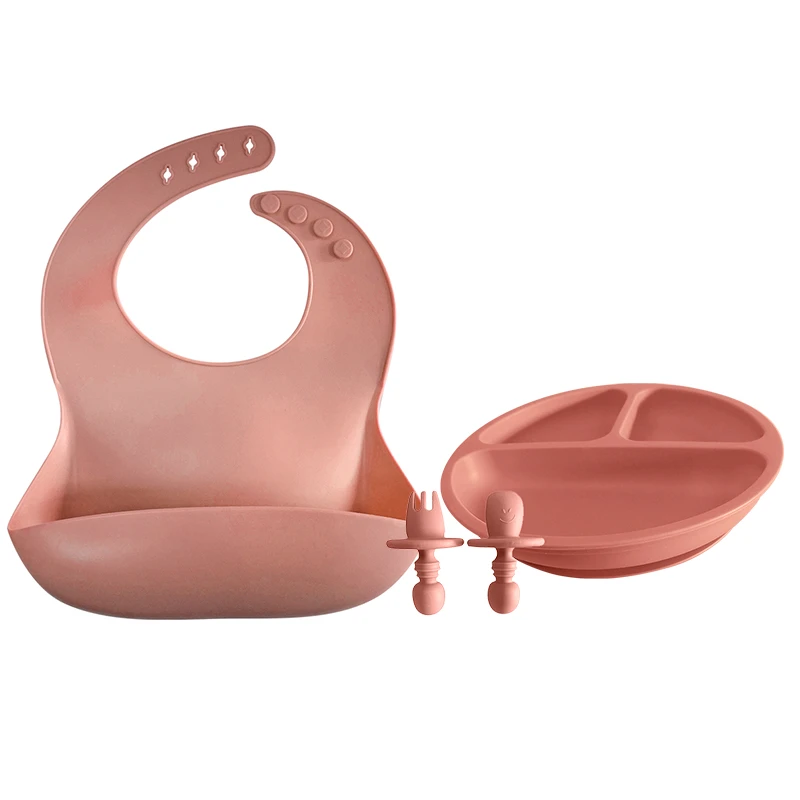 Wholesale Soft Silicone Suction Plate Silicone Baby Bib With Spoon Set