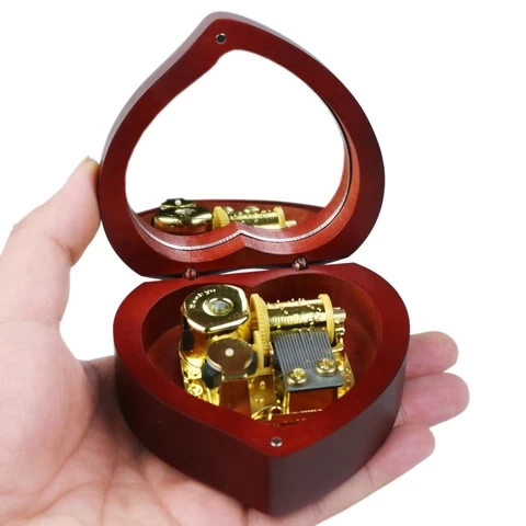 Wholesale wooden heart-shaped music box custom engraving creative retro nostalgic gift with mirror wine red