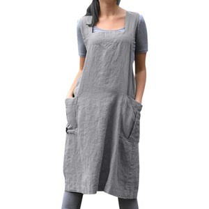 Women Cotton linen apron with bag Pinafore Square Cross Apron Pinafore Dress