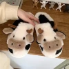 Women Girls Household Cartoon Cow Cotton Slippers Cute Lovely Winter Indoor Outdoor Fuzzy Plush Cotton Slippers