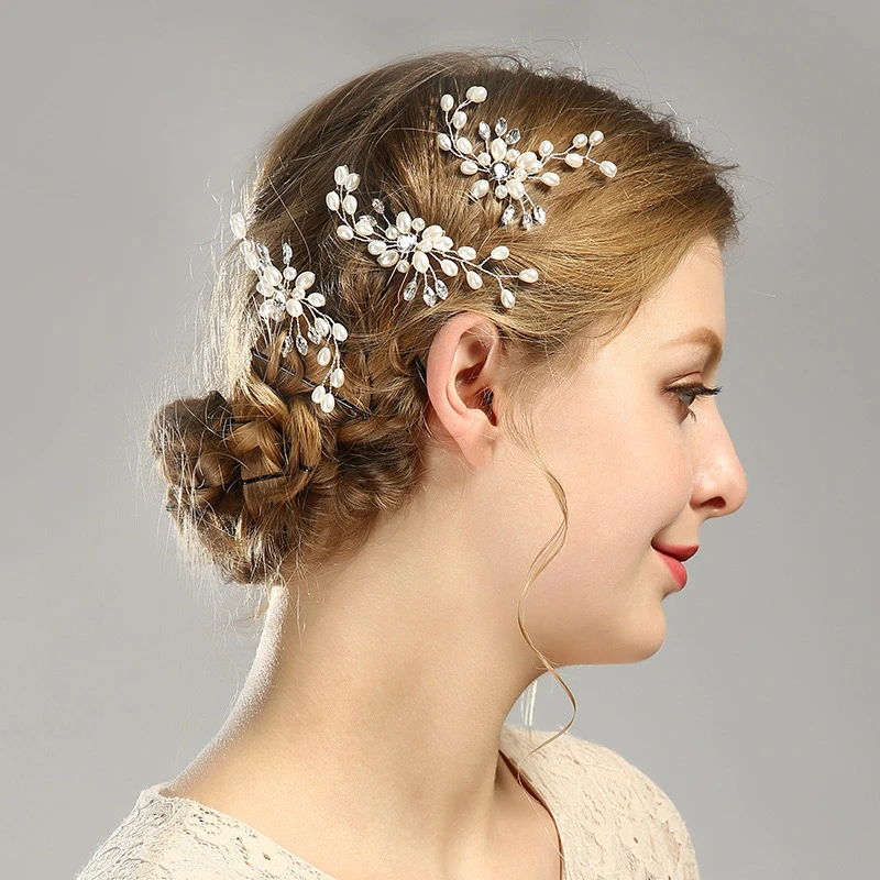 Womens Simulated Pearl Crystal handmade Bridal Bendable Filigree Hair Comb Wedding Hair Forks