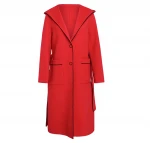 Womens wool coat with classic red hooded large pocket belt Women Cashmere Wool Coat