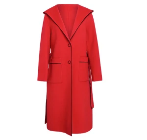 Womens wool coat with classic red hooded large pocket belt Women Cashmere Wool Coat