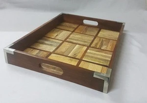 Wood brass hand crafted natural wood finish serving tray