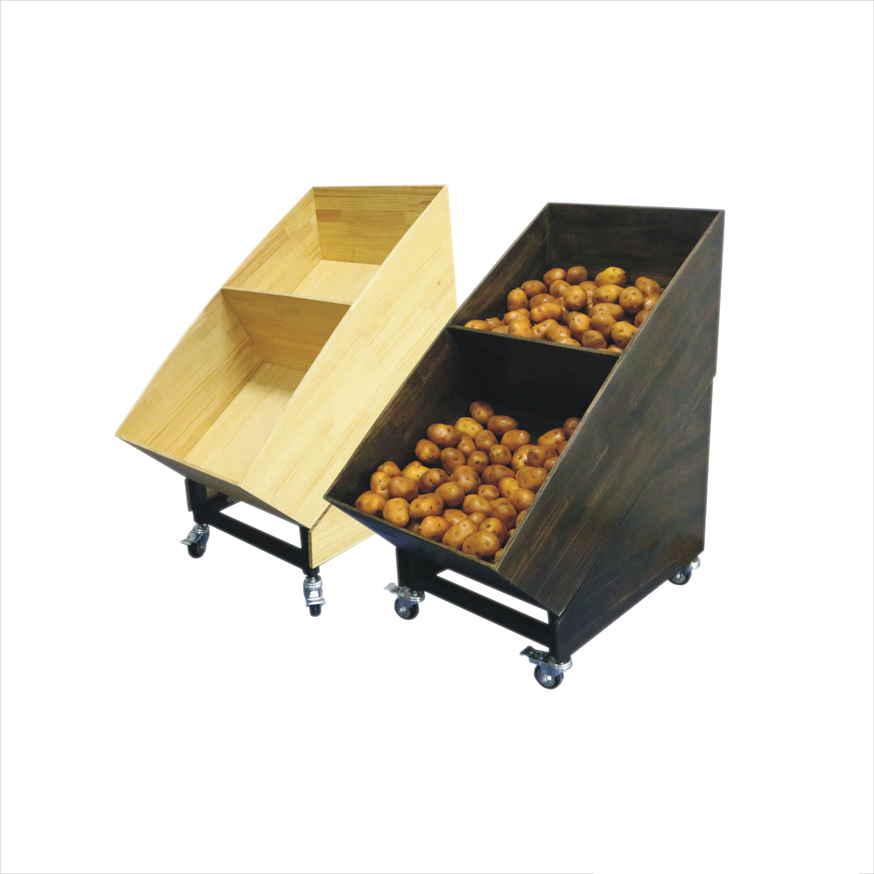 Wooden Fruit and Vegetable Shelf Rack Display Stands with Wheel for Supermarket