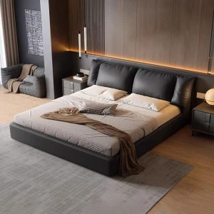 Genuine Leather Storage Bed Italian Minimalist Style King Queen Size Bed Frame