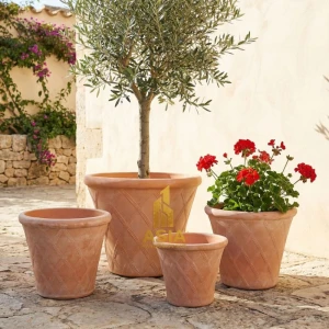 Rustic Terracotta Planter with Diamond Pattern for Indoor and Outdoor Use