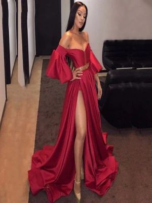 Free Shipping Sweetheart Sexy Red Shiny Soft Free Shipping Satin Evening Dress Lattern Sleeves High Slit Formal Party Gown Belt robe de soiree