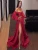 Import Free Shipping Sweetheart Sexy Red Shiny Soft Free Shipping Satin Evening Dress Lattern Sleeves High Slit Formal Party Gown Belt robe de soiree from China