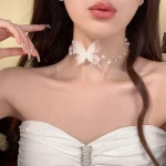 Butterfly Pearl Choker Necklace, Layered Chain Lace Choker for Women