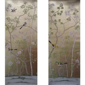 Chinoiserie Hand Painted Wallpaper On Gold Foil Metallic For Home Hotel