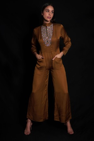 Golden Brown Embroidered Jumpsuit