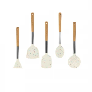 11 Pieces  Silicon kitchenware sets  candy color dots silicone cooking utensil with beech wood handle silicone  cooking utensils