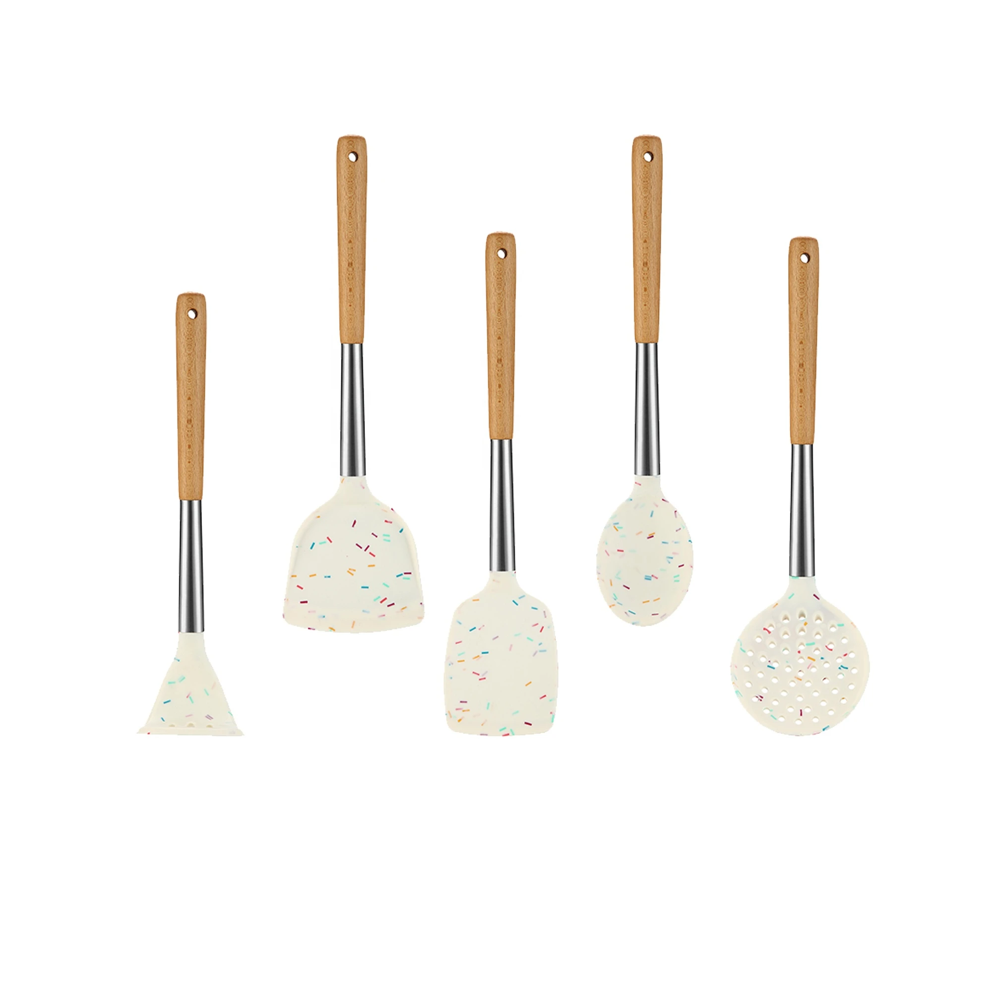 11 Pieces  Silicon kitchenware sets  candy color dots silicone cooking utensil with beech wood handle silicone  cooking utensils