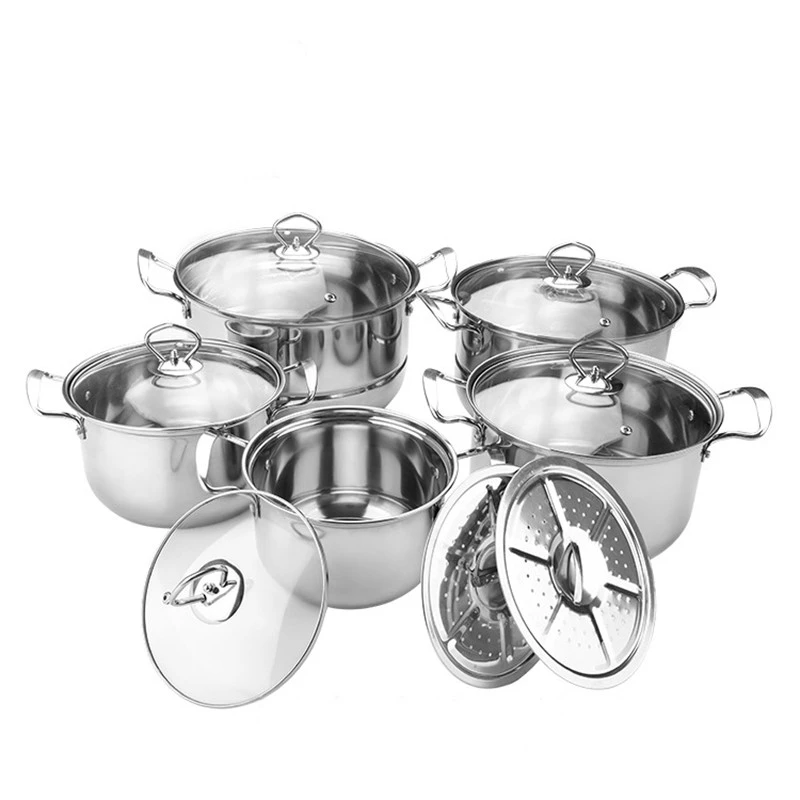 12pcs wholesale non stick soup stock steam cooking pot stainless steel cookware sets casserole set with lid